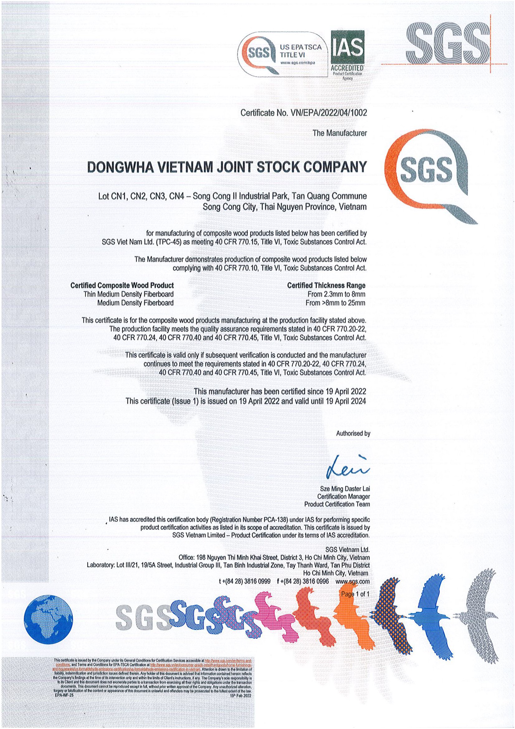 Thương hiệu Dongwha nhận chứng nhận EPA từ SGS Cam kết với môi trường